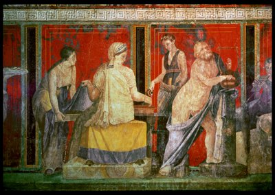 Ministrant Carrying a Tray of Food with Silenus Playing a Lyre and a Young Satyr Playing a Syrinx, North Wall, Oecus 5, 60-50 BC by Roman